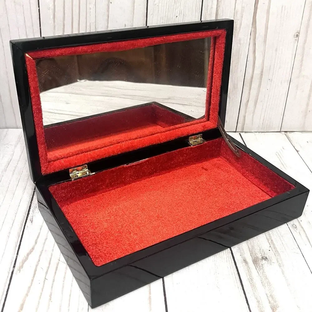 Vintage MCM Lacquer Jewelry Box Abstract Fish Colorful Retro Mirror Red Velvet